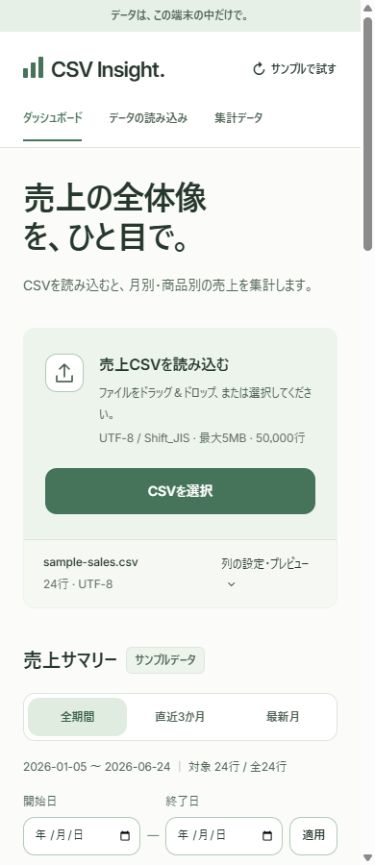 狭い画面でのCSV読み込み欄と期間選択